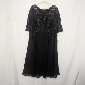 JJs House Black A-line Illusion Tea Length Chiffon Lace Beaded Sequin Dress 18